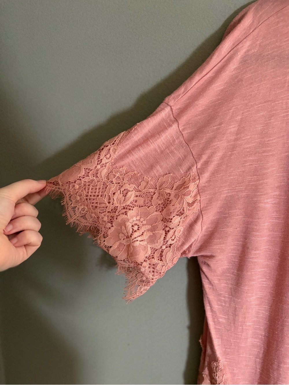 Eyeshadow Top Blush Pink Lace Trim XL Linen Blend Blouse Romantic Boho Coquette - Picture 7 of 13